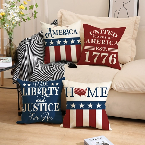 Independence Day Patriotic Pillow Cover American Flag Decorative Cushion Case USA Map 1776 Linen Throw Pillow Case Home Sofa