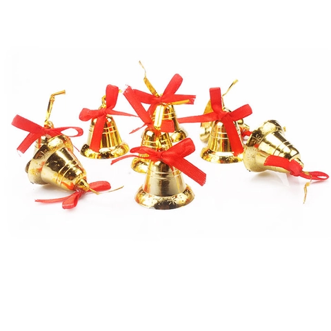 Christmas Tree Decoration Golden Bells Red Ribbon Bow Plastic Electroplated Holiday Party Hanging Ornaments