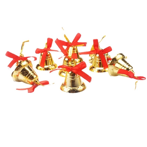 Christmas Tree Decoration Golden Bells Red Ribbon Bow Plastic Electroplated Holiday Party Hanging Ornaments