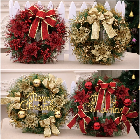 Künstlicher Weihnachtskranz Mit Rot Gold Glitzer Schleife Blumen Beeren Dekoration Für Haustür Haus Büro Mall Wandbehang Dekor