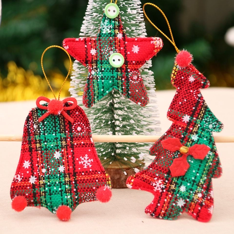 Ornamenti Appesi Di Natale Tessuto Scozzese Albero Stella Campana Pendenti Con Stampa Fiocco Di Neve Pompon Decorativi