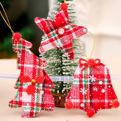 Ornamenti Appesi Di Natale Tessuto Scozzese Albero Stella Campana Pendenti Con Stampa Fiocco Di Neve Pompon Decorativi