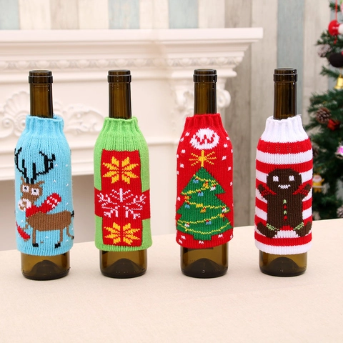 Housse de Bouteille de Vin de Noël Tricotée Décor de Bouteille de Bière Renne Sapin Flocon Bonhomme de Pain d'Épices Décor de Table