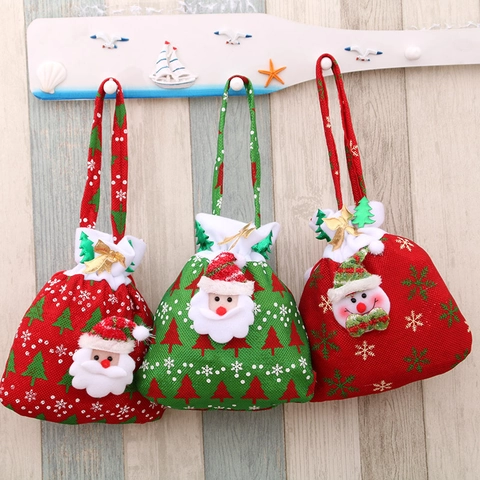 Christmas Drawstring Flannel Gift Bags Santa Claus Snowman Pattern Candy Bags Holiday Party Decor With Handle