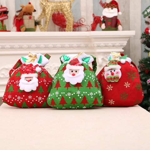 Christmas Drawstring Flannel Gift Bags Santa Claus Snowman Pattern Candy Bags Holiday Party Decor With Handle