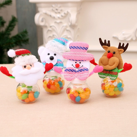Christmas Candy Jar With Plush Santa Snowman Reindeer Bear Lid Mini Clear Plastic Storage Bottle For Holiday Party Home Decor