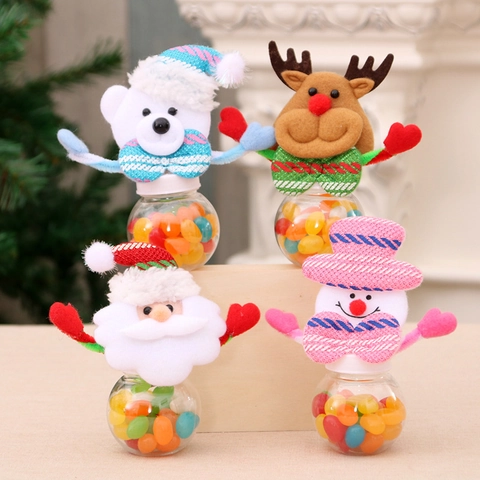 Christmas Candy Jar With Plush Santa Snowman Reindeer Bear Lid Mini Clear Plastic Storage Bottle For Holiday Party Home Decor