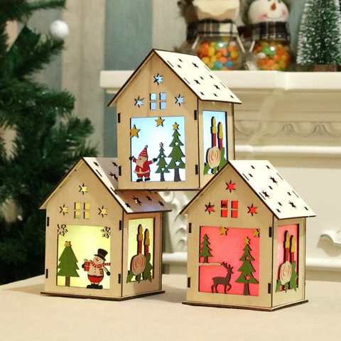 Casa Navidad Madera Luz LED Cabina Luminosa Ensamblaje DIY Decoración Escritorio Ornamento Festivo Regalo Navidad Santa Muñeco Nieve Reno Estilo