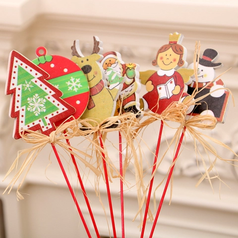 Christmas Wooden Stakes Santa Snowman Reindeer Tree Angel Decorative Picks For Garden Plant Cake Holiday Home Party Decor