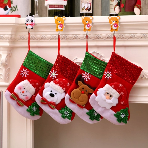 Christmas Stocking Velvet Cloth And Sequins 3D Santa Snowman Reindeer Bear Holiday Fireplace Decor Gift Bag Cute