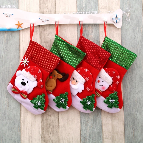 Christmas Stocking Velvet Cloth And Sequins 3D Santa Snowman Reindeer Bear Holiday Fireplace Decor Gift Bag Cute