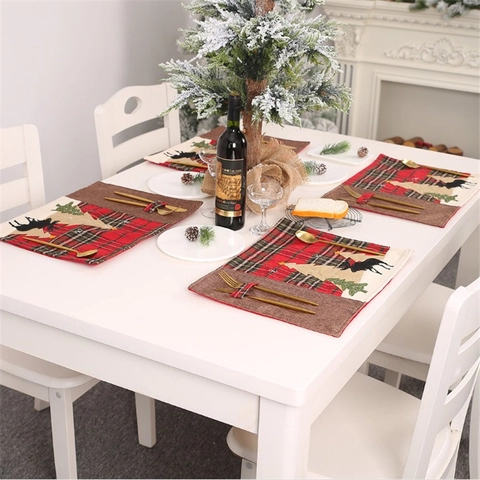 Christmas Table Placemats Plaid Burlap Applique Reindeer Tree Design Cutlery Slot Festive Dining Decoration