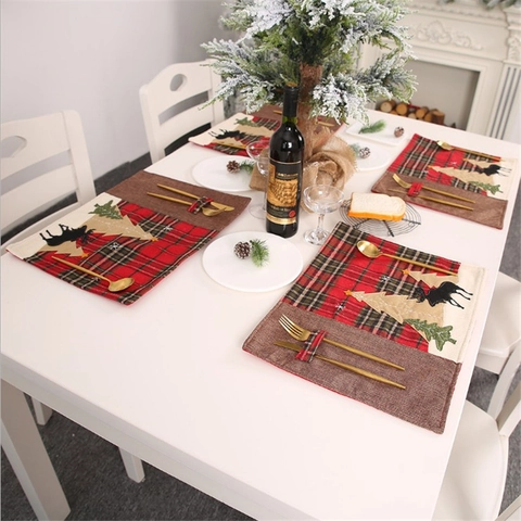 Christmas Table Placemats Plaid Burlap Applique Reindeer Tree Design Cutlery Slot Festive Dining Decoration