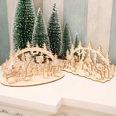 Christmas Wood DIY 3D Puzzle Nativity Snowman Scene Ornaments Laser Cut Wooden Desktop Decoration Xmas Party Home Gift