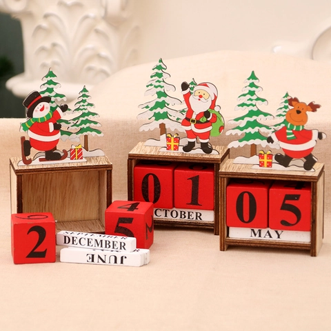 Calendario Perpetuo de Navidad de Madera Ornamento de Escritorio Bloques de Cuenta Regresiva Papá Noel Muñeco de Nieve Reno Decoración Hogar