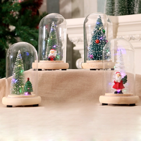 Weihnachtsbaum Glasglocke Ornament LED Leuchtend Holzsockel Miniatur Schreibtisch Dekoration Weihnachtsmann Schneeflocke Festliches Licht