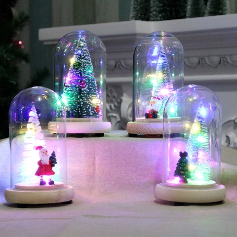 Weihnachtsbaum Glasglocke Ornament LED Leuchtend Holzsockel Miniatur Schreibtisch Dekoration Weihnachtsmann Schneeflocke Festliches Licht
