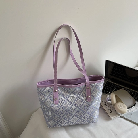 Bolso Tote Jacquard a Cuadros para Mujer Gran Capacidad Nuevo Estilo Chino Bolso de Hombro Moda Diario Asa de PU