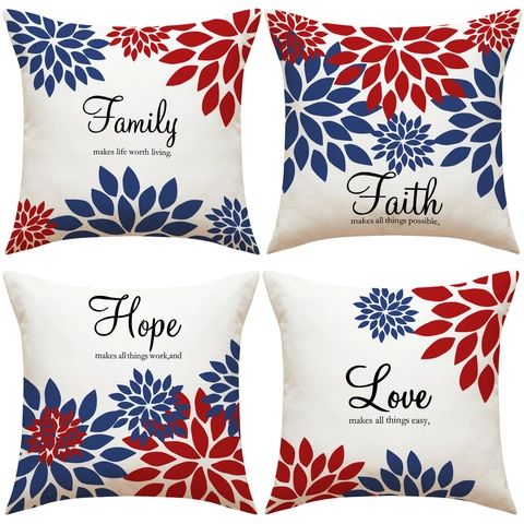 Fundas De Cojín Con Frases Inspiradoras Lino Poliéster Floral Rojo Azul Fundas Decorativas Para Sofá Hogar