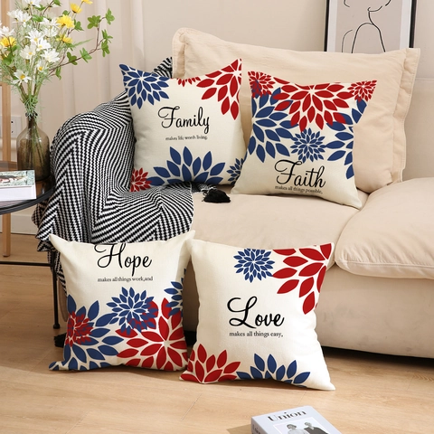 Fundas De Cojín Con Frases Inspiradoras Lino Poliéster Floral Rojo Azul Fundas Decorativas Para Sofá Hogar