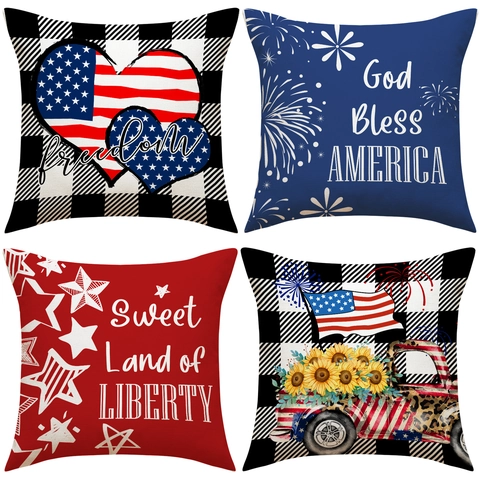Independence Day Patriotic Pillowcase Polyester Buffalo Plaid God Bless America Freedom Truck Sunflower Cushion Cover Home Decor