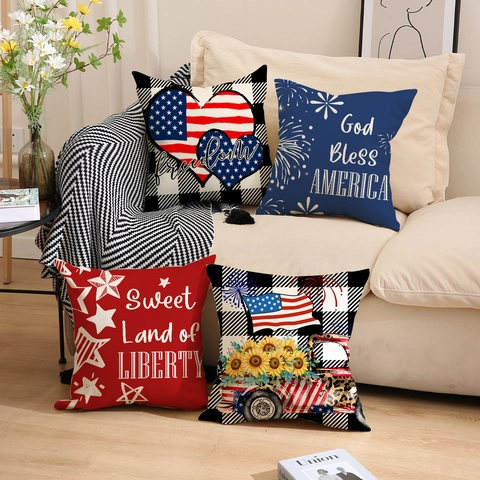 Independence Day Patriotic Pillowcase Polyester Buffalo Plaid God Bless America Freedom Truck Sunflower Cushion Cover Home Decor