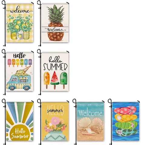 Drapeau de Jardin Été Décoration Extérieure en Lin Polyester Panneau Welcome Impression Double Face Thème Fleurs Océan Plage