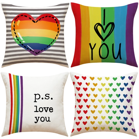 Fodera Per Cuscino Decorativa Con Cuore Arcobaleno Misto Lino Per Divano Soggiorno Decorazione Pride