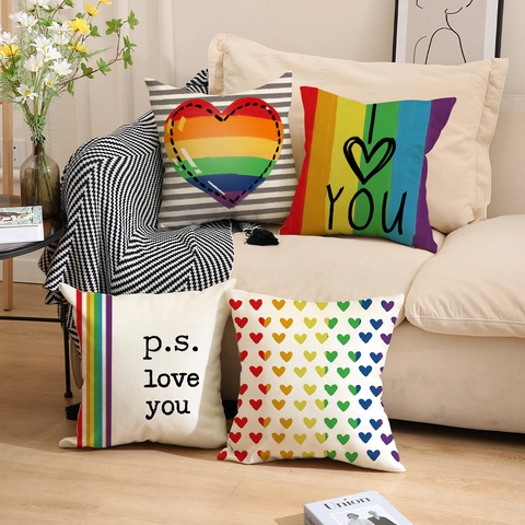 Fodera Per Cuscino Decorativa Con Cuore Arcobaleno Misto Lino Per Divano Soggiorno Decorazione Pride