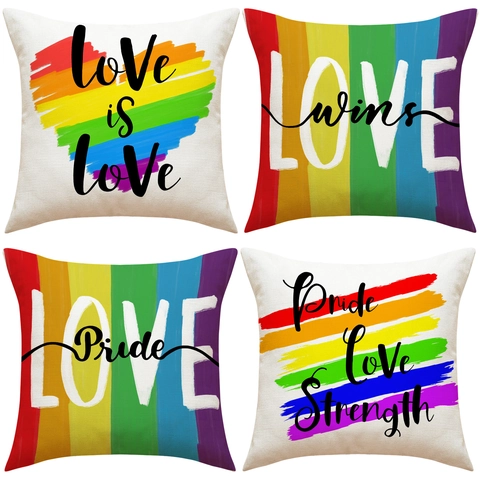 Regenbogen Pride Leinen Kissenbezug Love Is Love Print Quadratisch Bunt Dekorativ Für Sofa Wohnzimmer