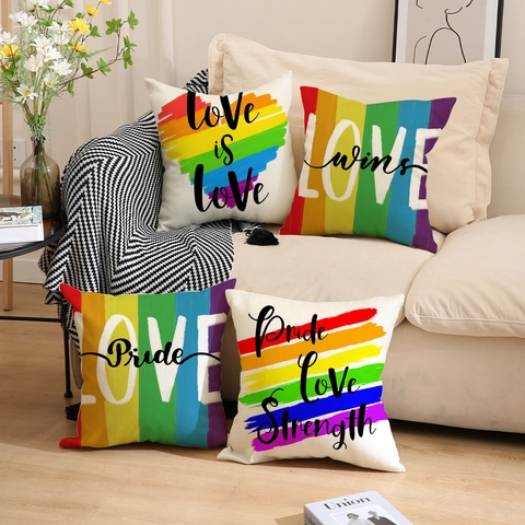 Regenbogen Pride Leinen Kissenbezug Love Is Love Print Quadratisch Bunt Dekorativ Für Sofa Wohnzimmer