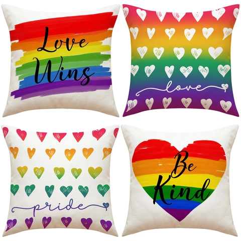 Regenboog Print Linnen Kussenhoes Vierkante Decoratieve Kussensloop Hartpatroon LGBTQ Pride Thema Bank Huisdecoratie