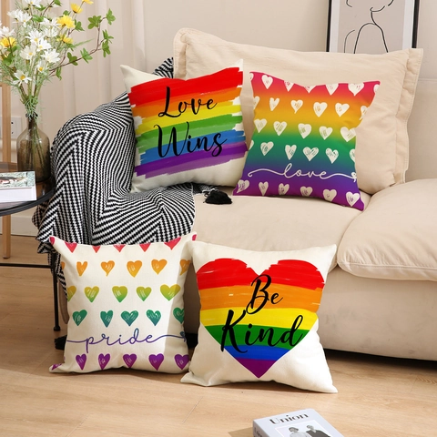 Regenboog Print Linnen Kussenhoes Vierkante Decoratieve Kussensloop Hartpatroon LGBTQ Pride Thema Bank Huisdecoratie