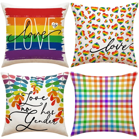 Rainbow Pride Decorative Cushion Cover Linen Texture LGBTQ Love Is Love Square Pillow Case Home Sofa Decor