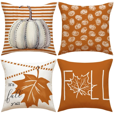 Federa per Cuscino Decorativa in Lino Autunno Ringraziamento Zucca Foglia d'Acero Acquerello per Divano Decorazione Casa