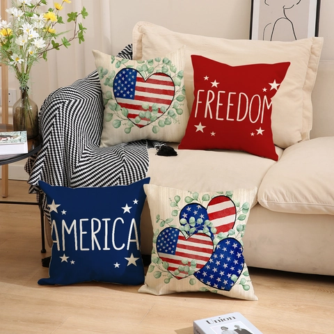 Independence Day Patriotic Throw Pillow Covers American Flag Heart Freedom America Stars Polyester Square Decorative Cushion Case