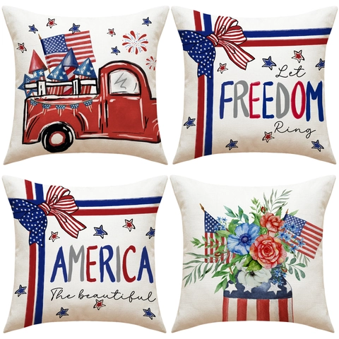 American Independence Day Pillowcase Holiday Home Decor Retro Truck Flag Print Polyester Linen Texture Cushion Cover