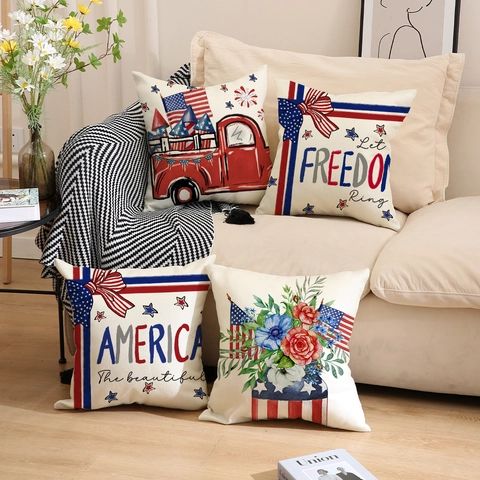 American Independence Day Pillowcase Holiday Home Decor Retro Truck Flag Print Polyester Linen Texture Cushion Cover
