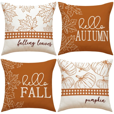 Autumn Maple Leaf Pumpkin Letter Print Linen Blend Throw Pillow Case Fall Thanksgiving Decorative Square Cushion Cover Home Decor