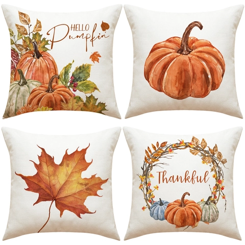 Taie d'Oreiller d'Automne Action de Grâce Mélange de Lin Citrouille Feuille d'Érable Impression Aquarelle Housse de Coussin Décorative Canapé Salon