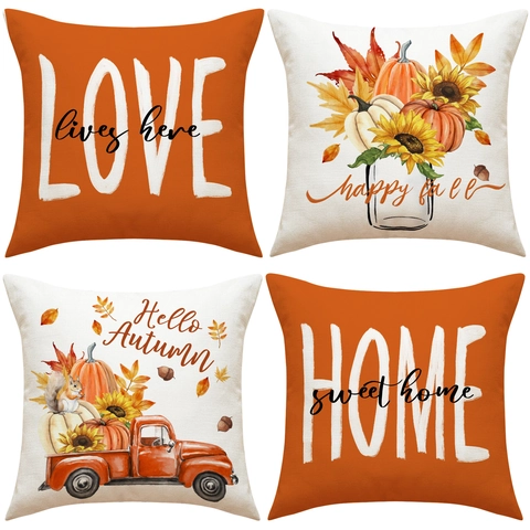 Herbst Kissenbezüge Leinenoptik Polyester Kürbis Sonnenblume Ernte Thanksgiving Dekorative Quadratische Kissenhüllen