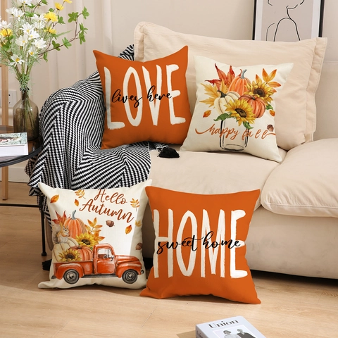 Herbst Kissenbezüge Leinenoptik Polyester Kürbis Sonnenblume Ernte Thanksgiving Dekorative Quadratische Kissenhüllen