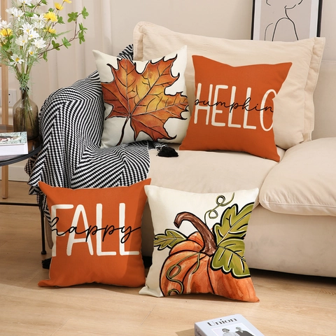 Herbst Erntedankfest Leinen Kissenbezug Kürbis Ahornblatt Muster Dekorativer Kissenhülle Für Sofa Wohnzimmer Deko