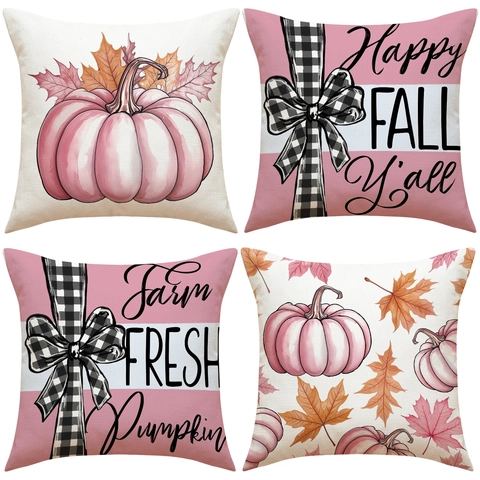 Roze Pompoen Herfst Kussenhoezen Linnen Farmhouse Decoratieve Hoezen Buffalo Plaid Strik Oogst Thema Bank