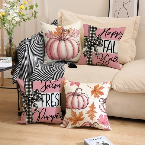 Roze Pompoen Herfst Kussenhoezen Linnen Farmhouse Decoratieve Hoezen Buffalo Plaid Strik Oogst Thema Bank
