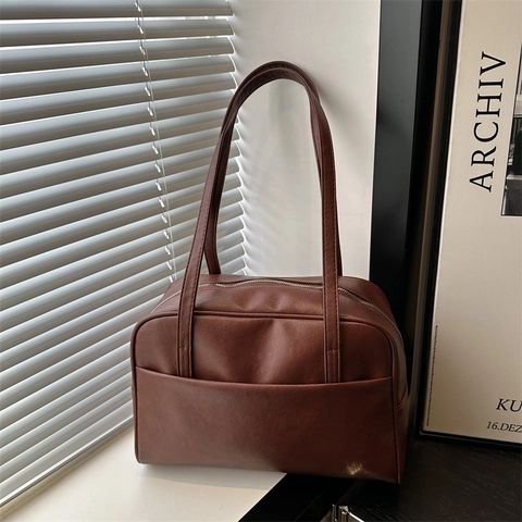 Vintage PU Leather Large Capacity Shoulder Bag For Women Minimalist Solid Color Underarm Bag Boston Commuter Tote Handbag