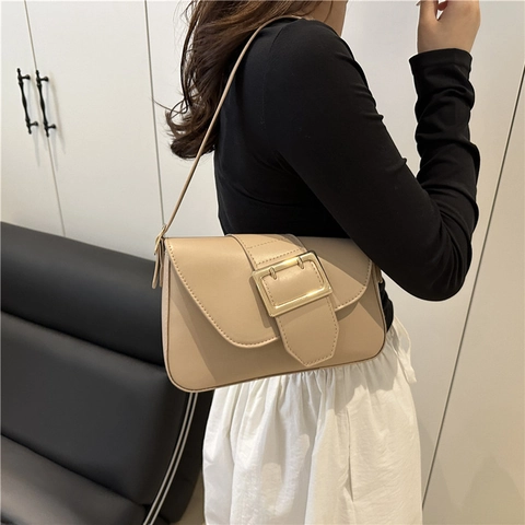 Bolso de Hombro de Cuero PU Elegante para Mujer Hebilla Dorada Grande Bolso de Axila Baguette Minimalista Versátil