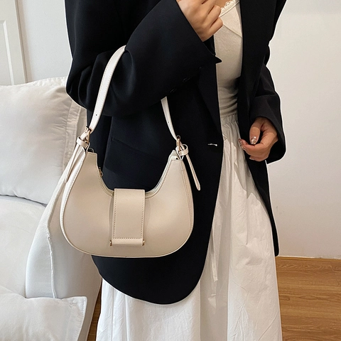 PU Leather Hobo Bag Minimalist Crescent Underarm Shoulder Bag With Adjustable Strap Solid Color