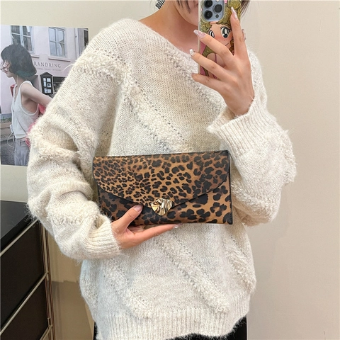Leopard Print Envelope Clutch Bag Women PU Leather Magnetic Buckle Fashion Streetwear Elegant Handbag