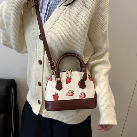 Damen Mode Erdbeere Bedruckt PU Leder Muschel Handtasche Pendler Lässig Umhängetasche Süße Mädchen Griff Henkeltasche Schultertasche